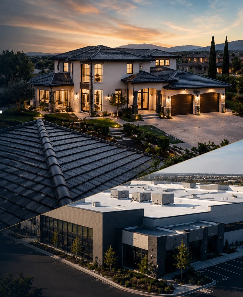 A Southern California estate with a tile roof at dusk above a commercial building with a low-slope roof